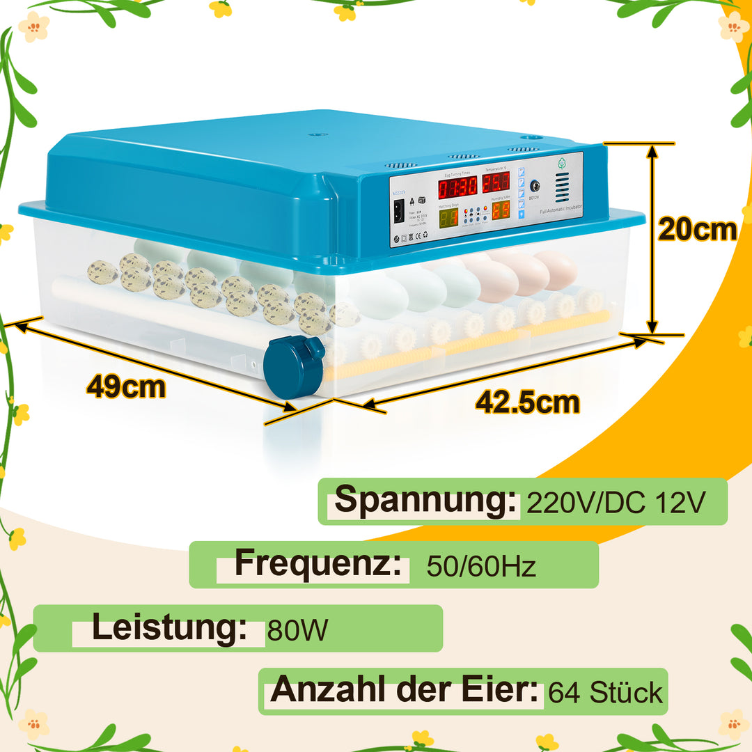 Sonnewelt Brutautomat Vollautomatisch Inkubator für Hühner 64 Eier