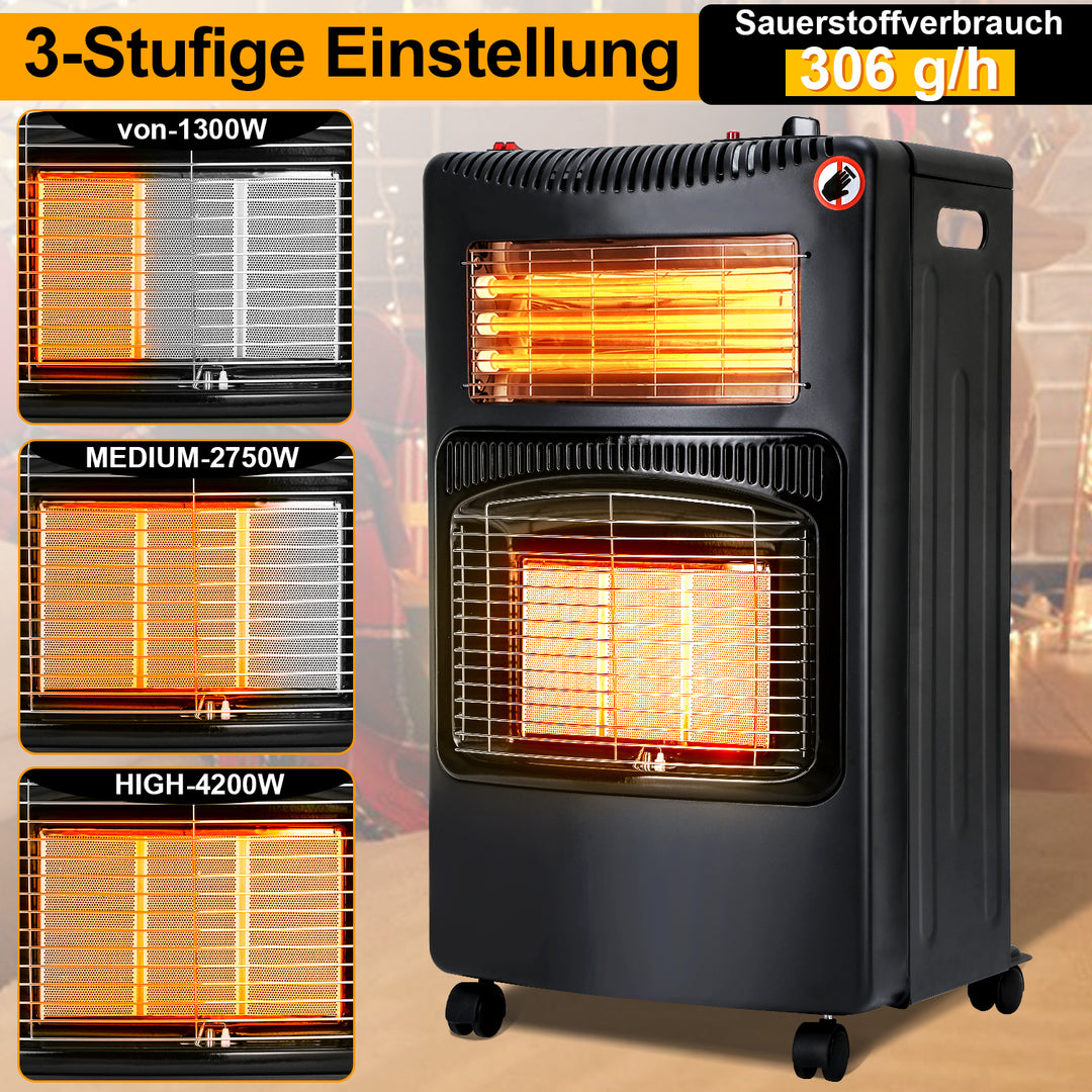 Sonnewelt Gasheizung 4200w und 1260w Gas-Elektro-Heizgerät mit Gasdruckregler, Gasschlauch, Gasflaschen Adapter