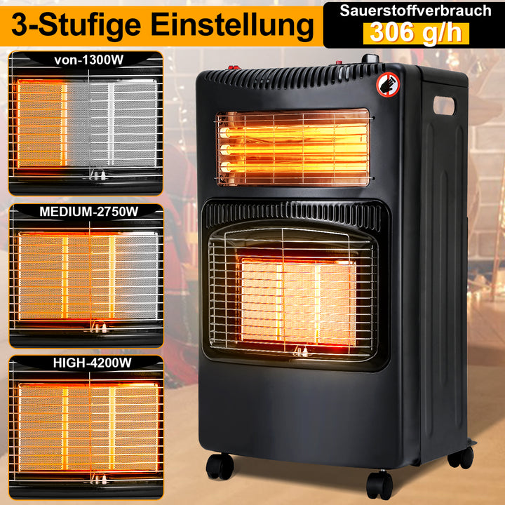 Sonnewelt Gasheizung 4200w und 1260w Gas-Elektro-Heizgerät mit Gasdruckregler, Gasschlauch, Gasflaschen Adapter