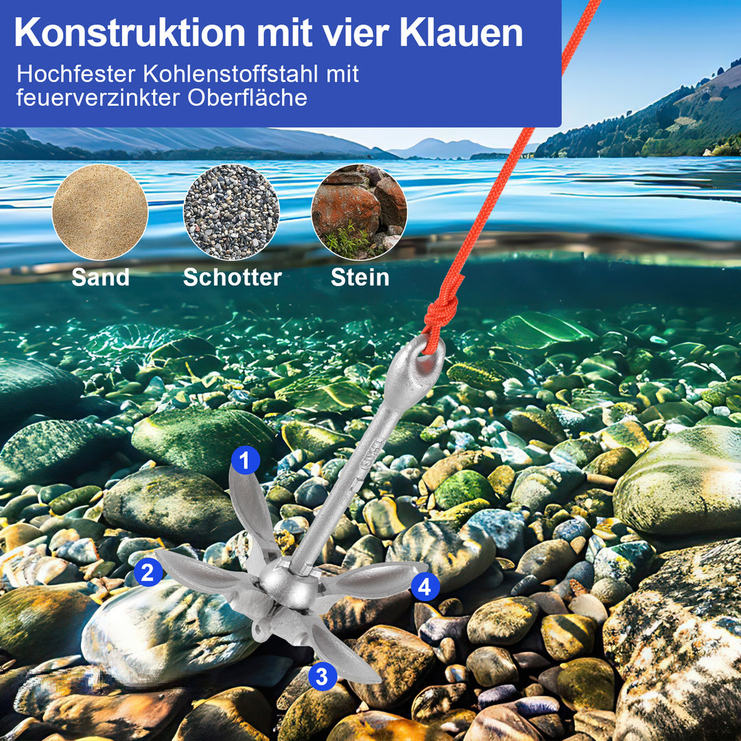 Sonnewelt Bootsanker mit 6mm x 20m Seil Faltanker 0.7kg/1.5kg