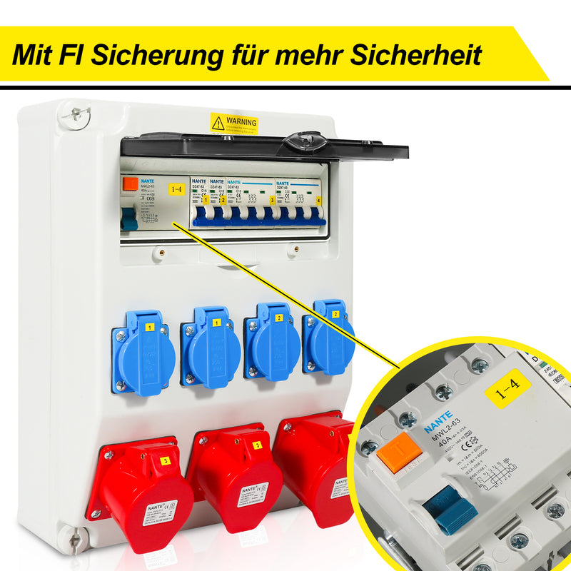 Sonnewelt Wandverteiler FI 4xSchuko-Steckdose und CEE-Steckdose 16/32A