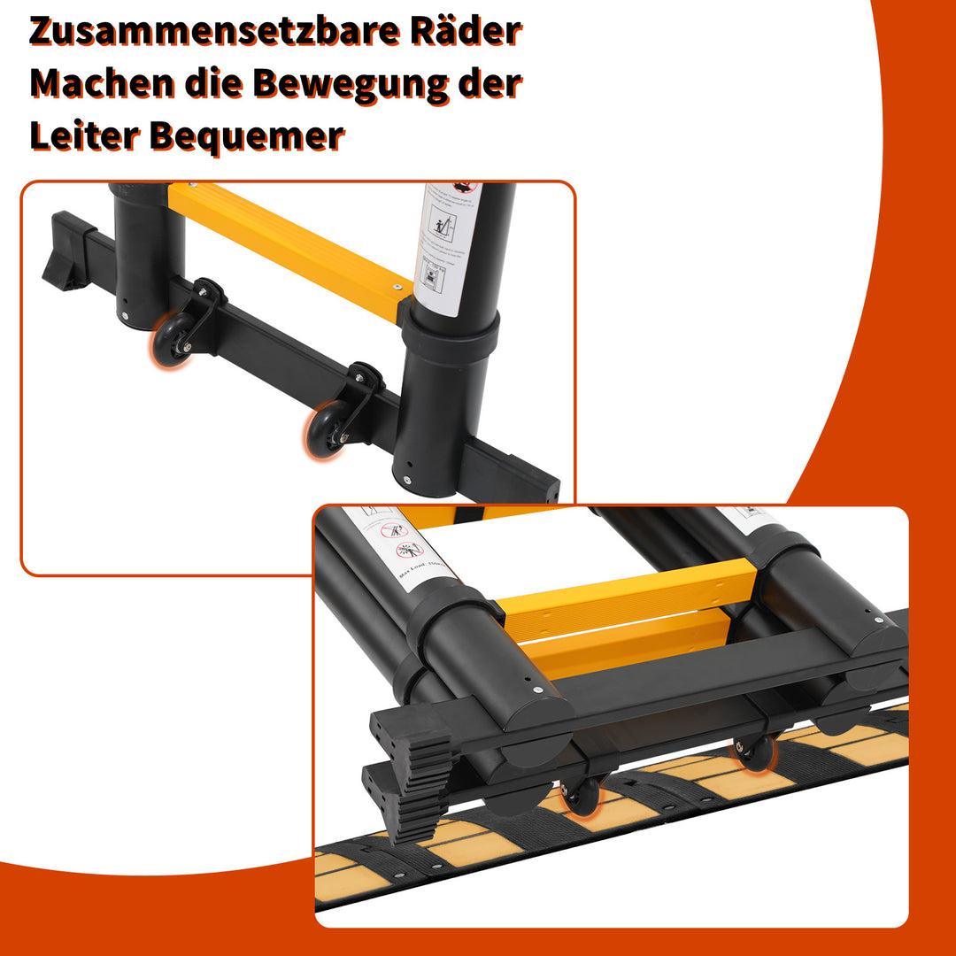 Sonnewelt 5M Alu Teleskopleiter Klappleiter mit Rädern und Dreiecksstabilisator Schwarz