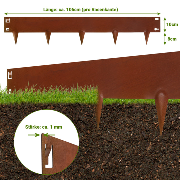 Sonnewelt Rasenkante Metall Beetumrandung mit Dornen 15cm/18cm Rost Corten