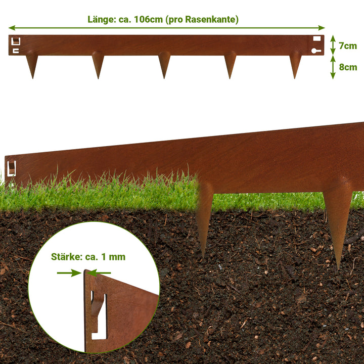Sonnewelt Rasenkante Metall Beetumrandung mit Dornen 15cm/18cm Rost Corten