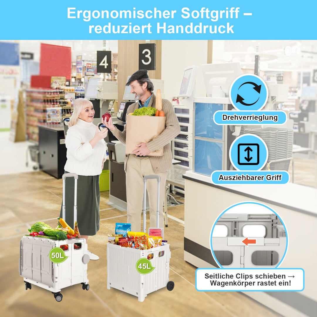 Sonnewelt Klappbarer Einkaufswagen 45L/50L mit Deckel