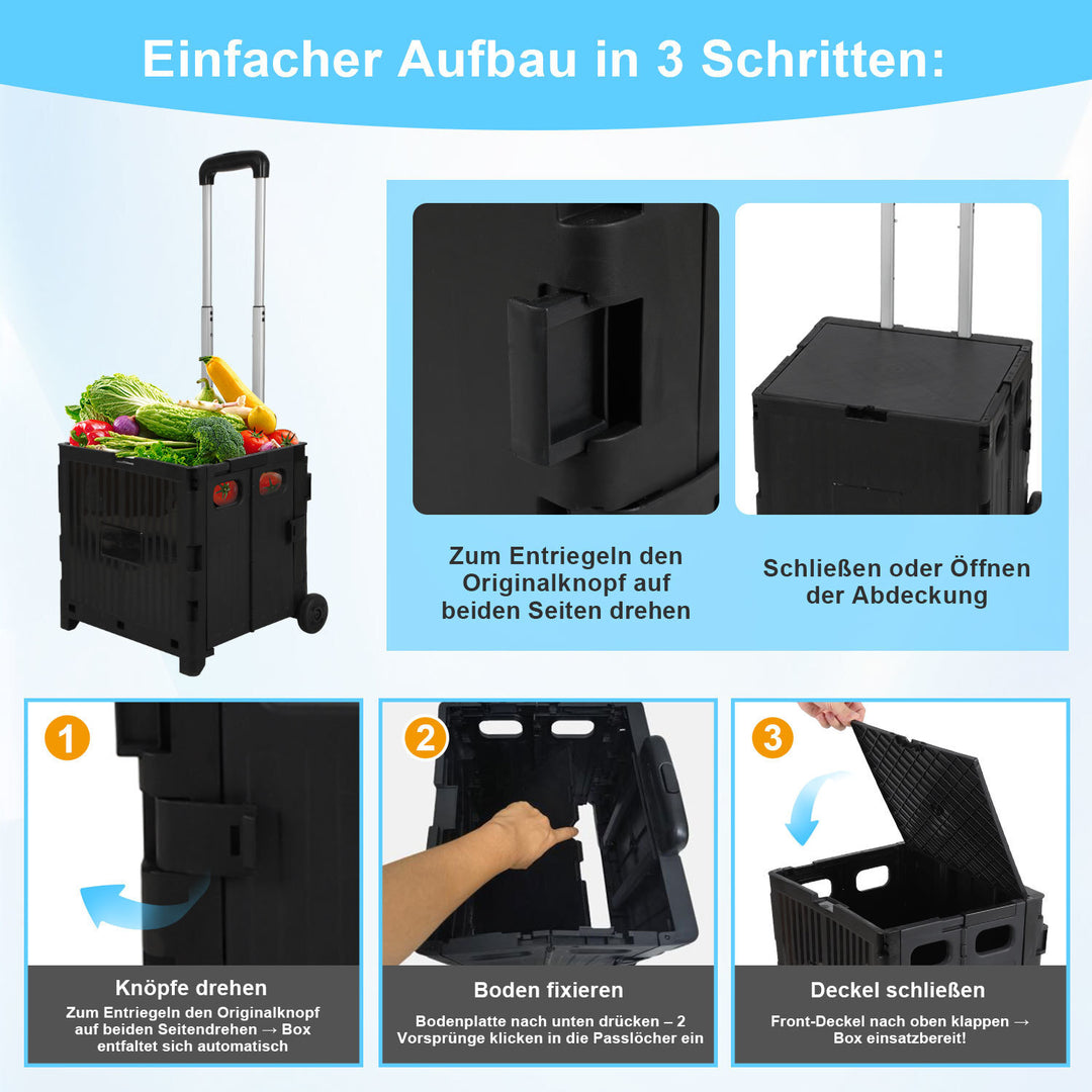 Sonnewelt Klappbarer Einkaufswagen 45L/50L mit Deckel