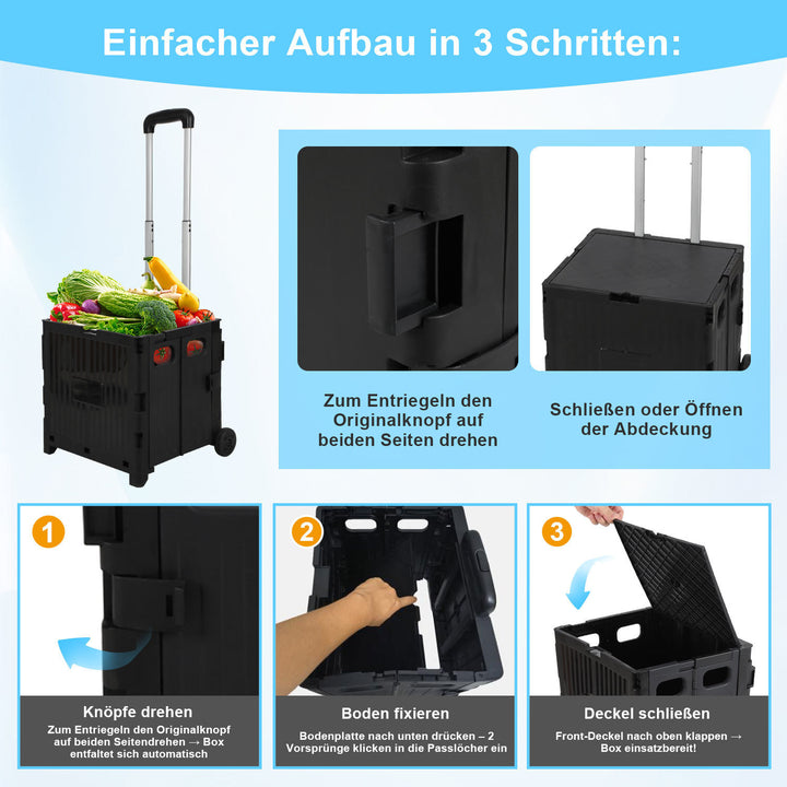 Sonnewelt Klappbarer Einkaufswagen 45L/50L mit Deckel