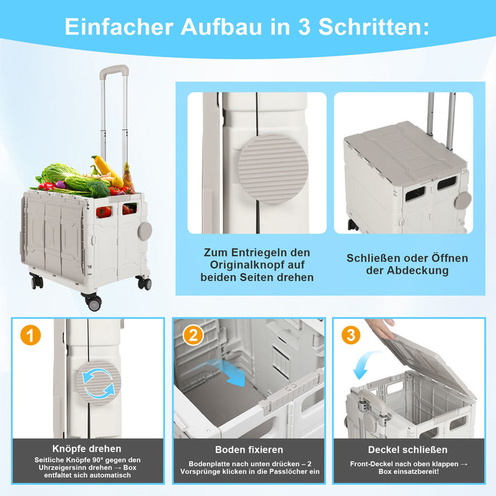 Sonnewelt Klappbarer Einkaufswagen 45L/50L mit Deckel