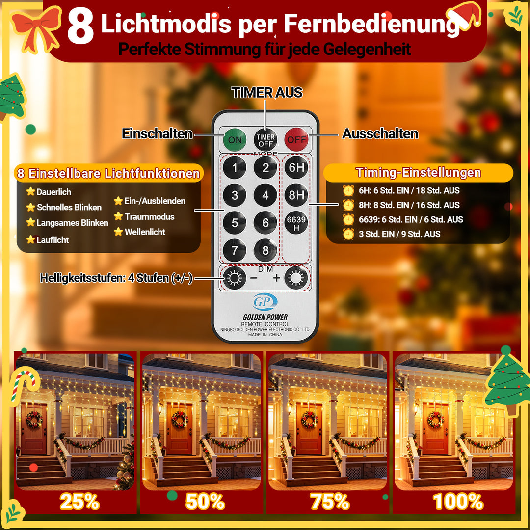 Sonnewelt Eiszapfen Eisregen Lichterkette mit Fernbedienung 10m/15m