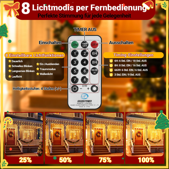 Sonnewelt Eiszapfen Eisregen Lichterkette mit Fernbedienung 10m/15m
