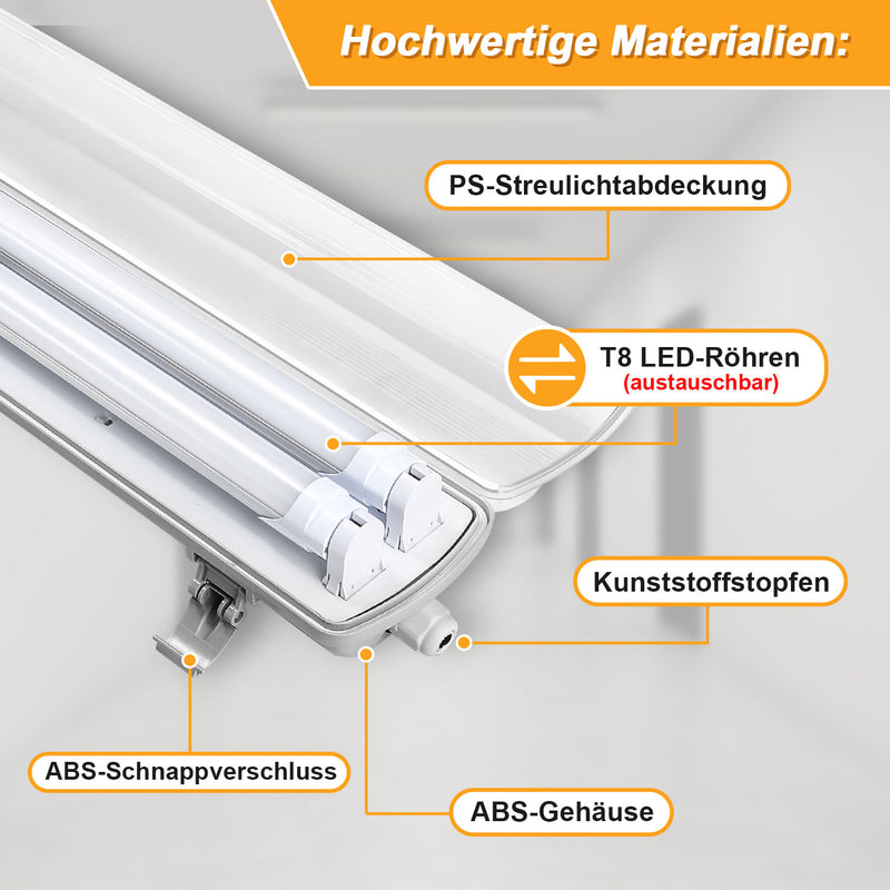 Sonnewelt LED Feuchtraumleuchte 2x 24W 150 cm T8 Kaltweiß/Neutralweiß(Grau Basis)