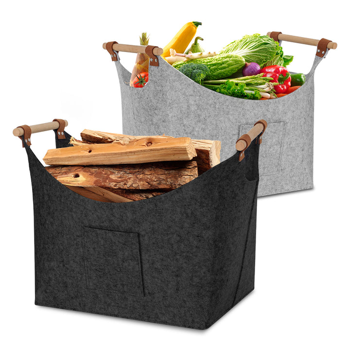 Sonnewelt Filzkorb Brennholztasche mit Holzgriffen 80L