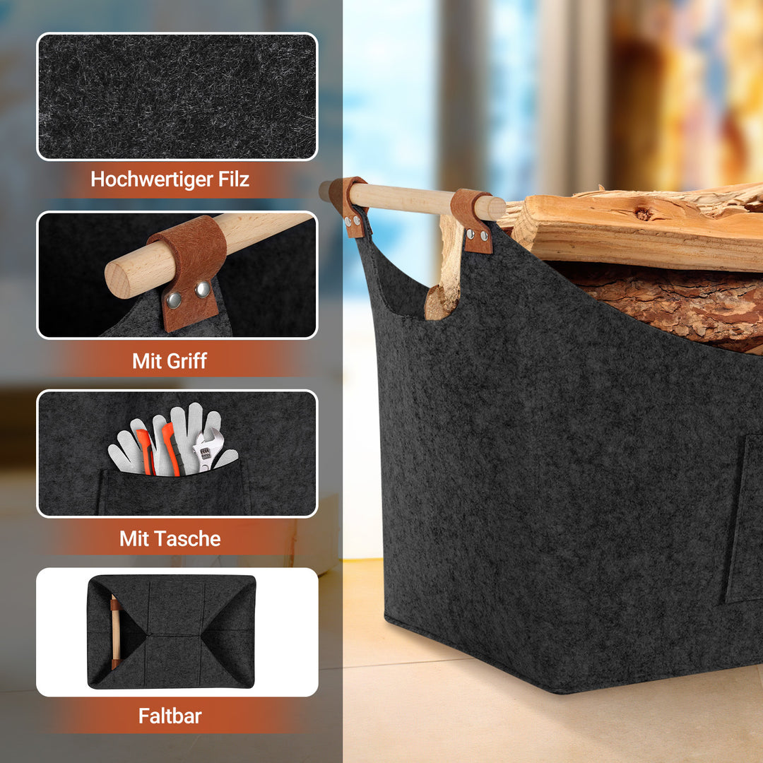 Sonnewelt Filzkorb Brennholztasche mit Holzgriffen 80L
