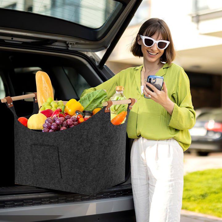 Sonnewelt Filzkorb Brennholztasche mit Holzgriffen 80L