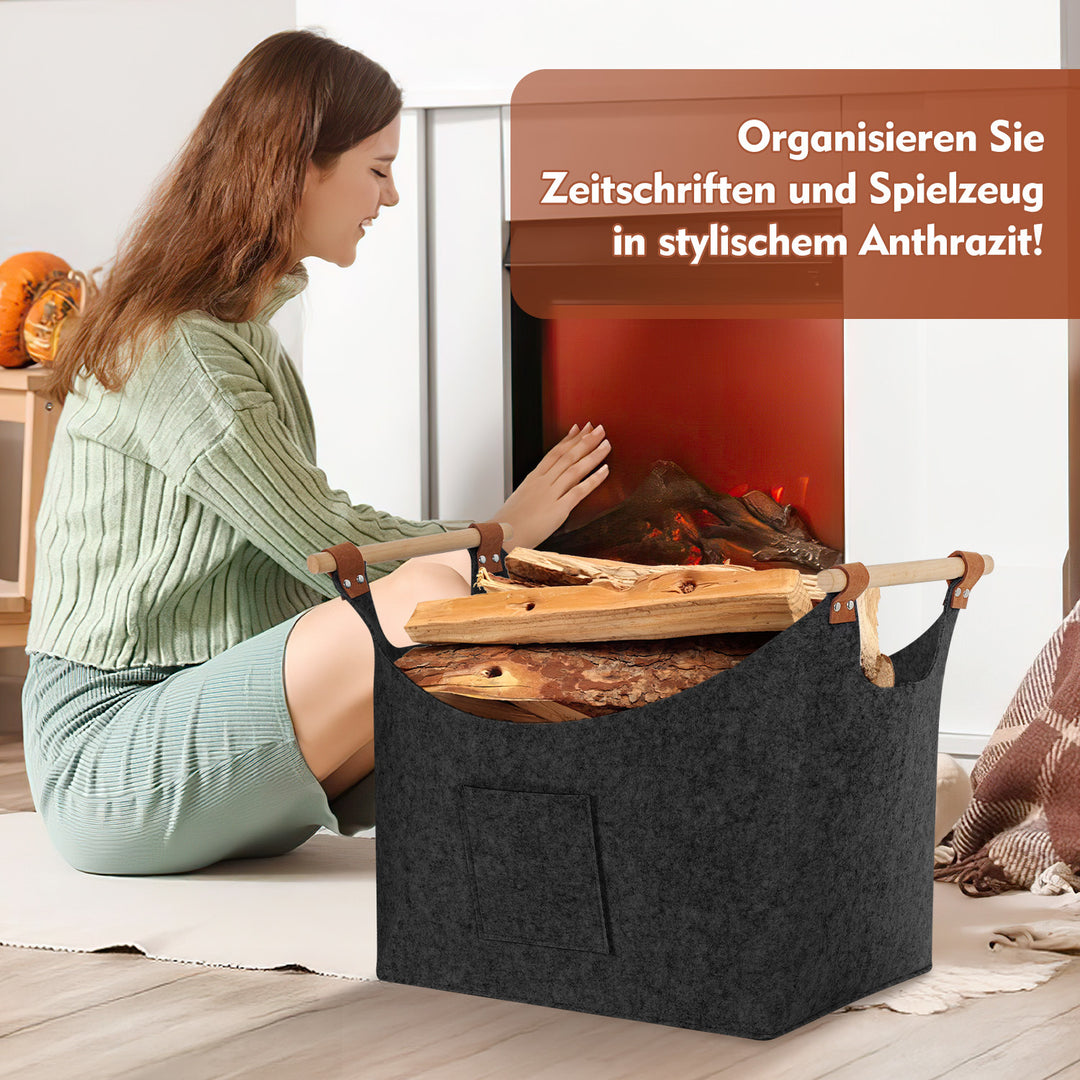 Sonnewelt Filzkorb Brennholztasche mit Holzgriffen 80L