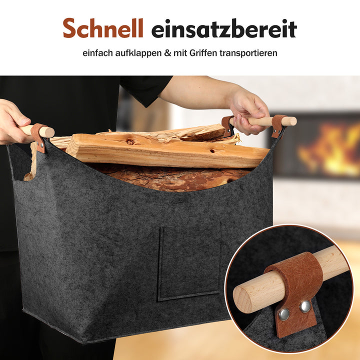 Sonnewelt Filzkorb Brennholztasche mit Holzgriffen 80L