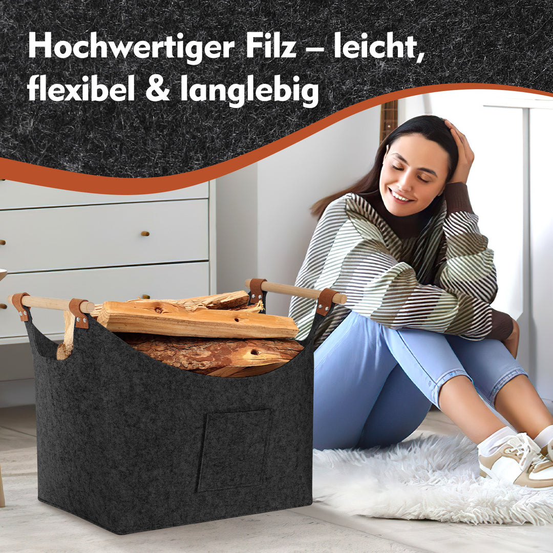 Sonnewelt Filzkorb Brennholztasche mit Holzgriffen 80L