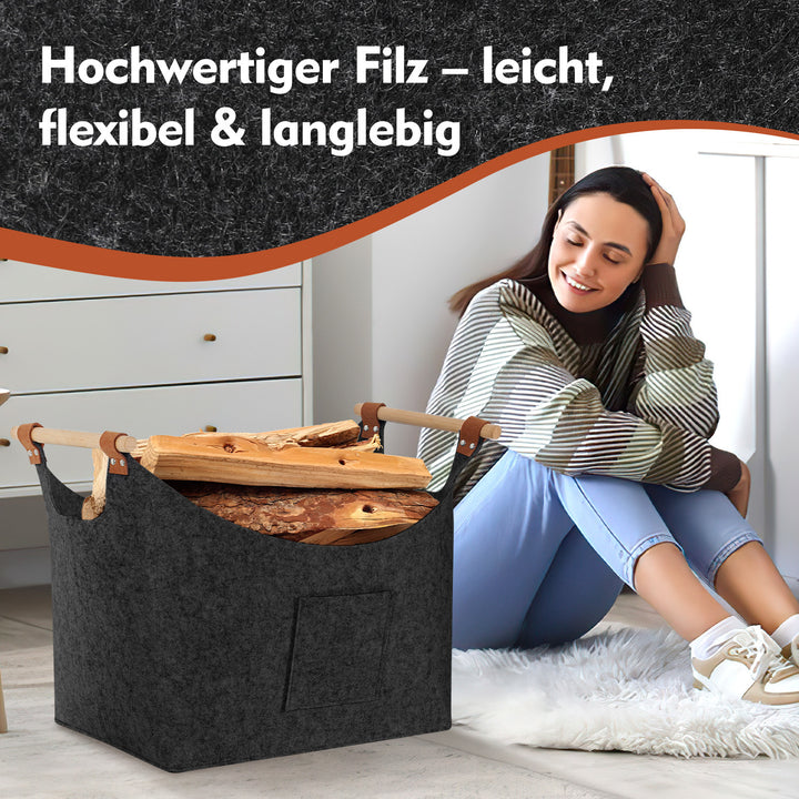 Sonnewelt Filzkorb Brennholztasche mit Holzgriffen 80L