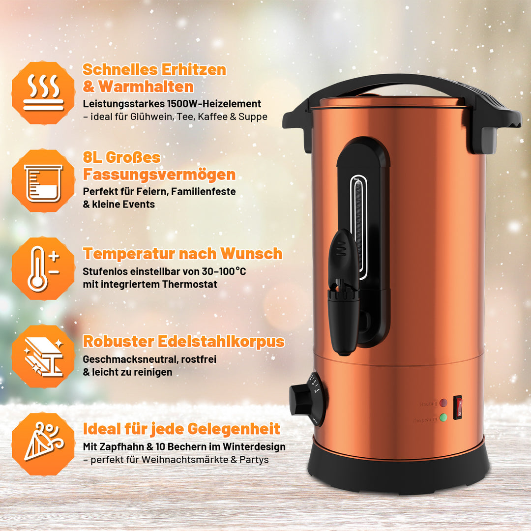 Sonnewelt 8 L Glühweinkocher Glühweinkessel inkl. 10 Tassen, Kupferfarbe