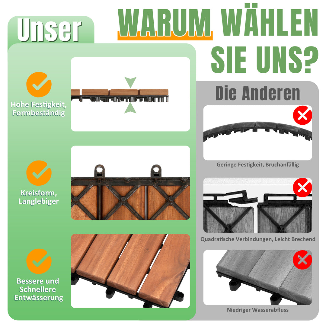 Sonnewelt Holzfliesen 30x30cm 6 Latten Fliese (11 Stück) Verschiedene Farben