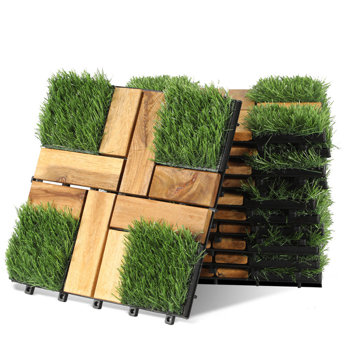 Sonnewelt Holzfliesen Balkonfliesen mit Grass 30x30cm 11 Fliesen