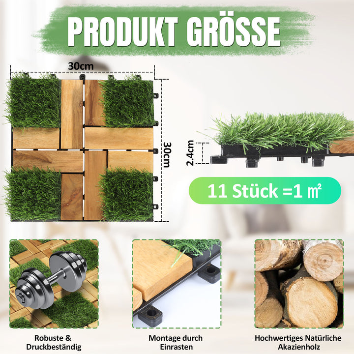 Sonnewelt Holzfliesen Balkonfliesen mit Grass 30x30cm 11 Fliesen