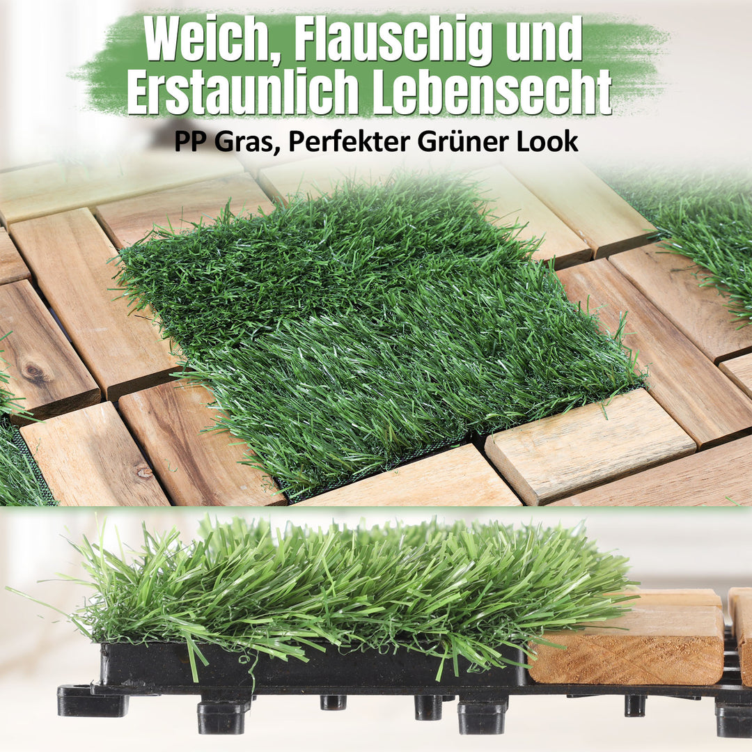 Sonnewelt Holzfliesen Balkonfliesen mit Grass 30x30cm 11 Fliesen