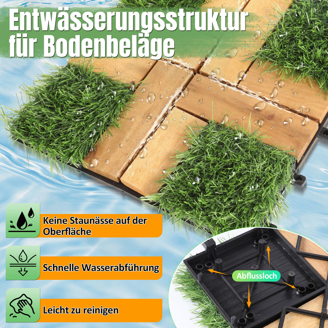 Sonnewelt Holzfliesen Balkonfliesen mit Grass 30x30cm 11 Fliesen
