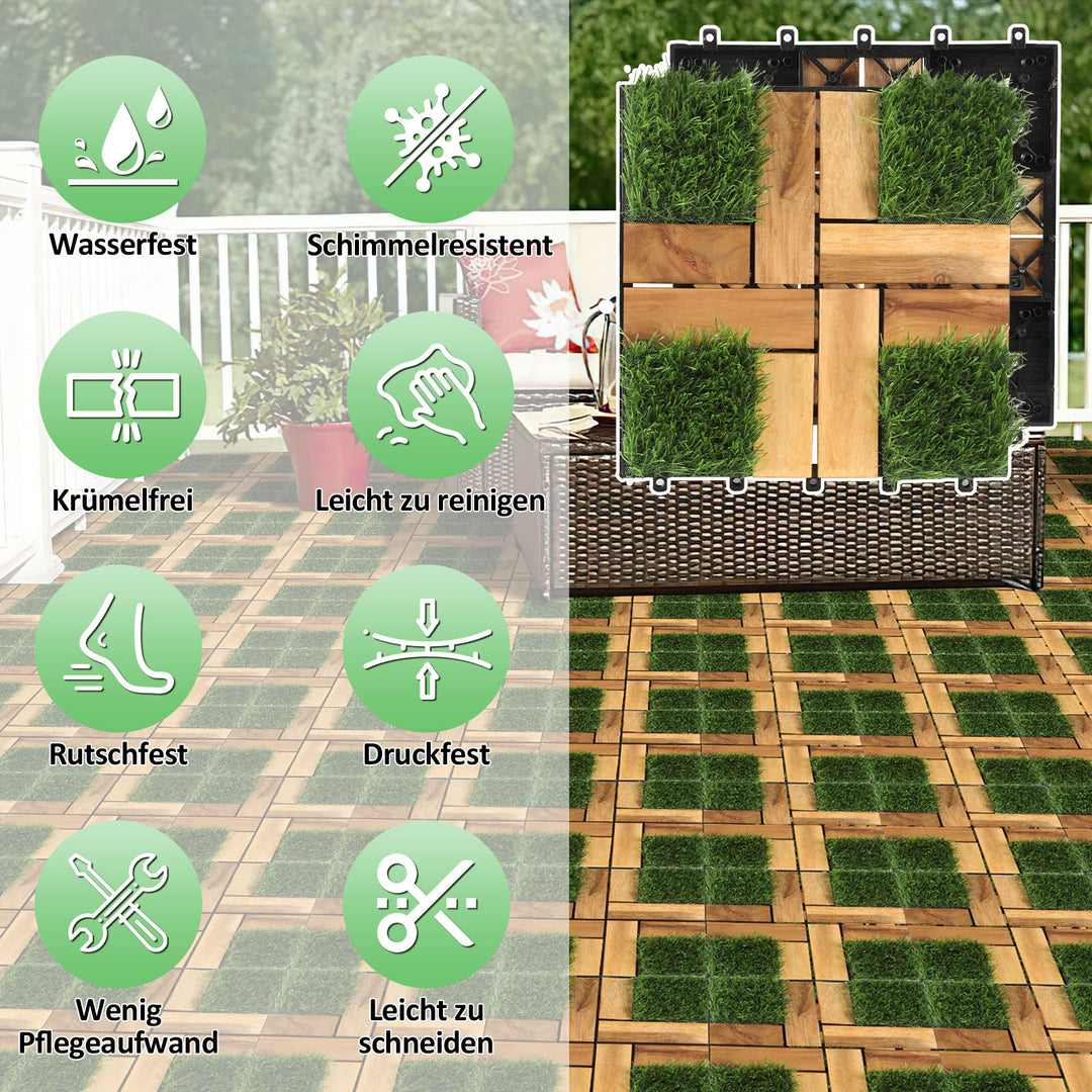Sonnewelt Holzfliesen Balkonfliesen mit Grass 30x30cm 11 Fliesen