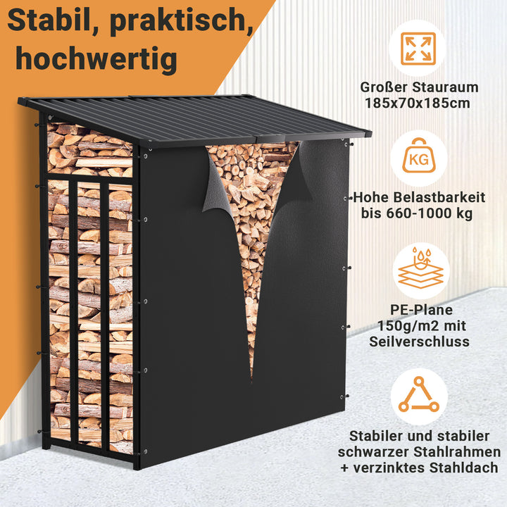Sonnewelt Kaminholzregal Brennholzregal Metall 185x70x185cm mit Dach