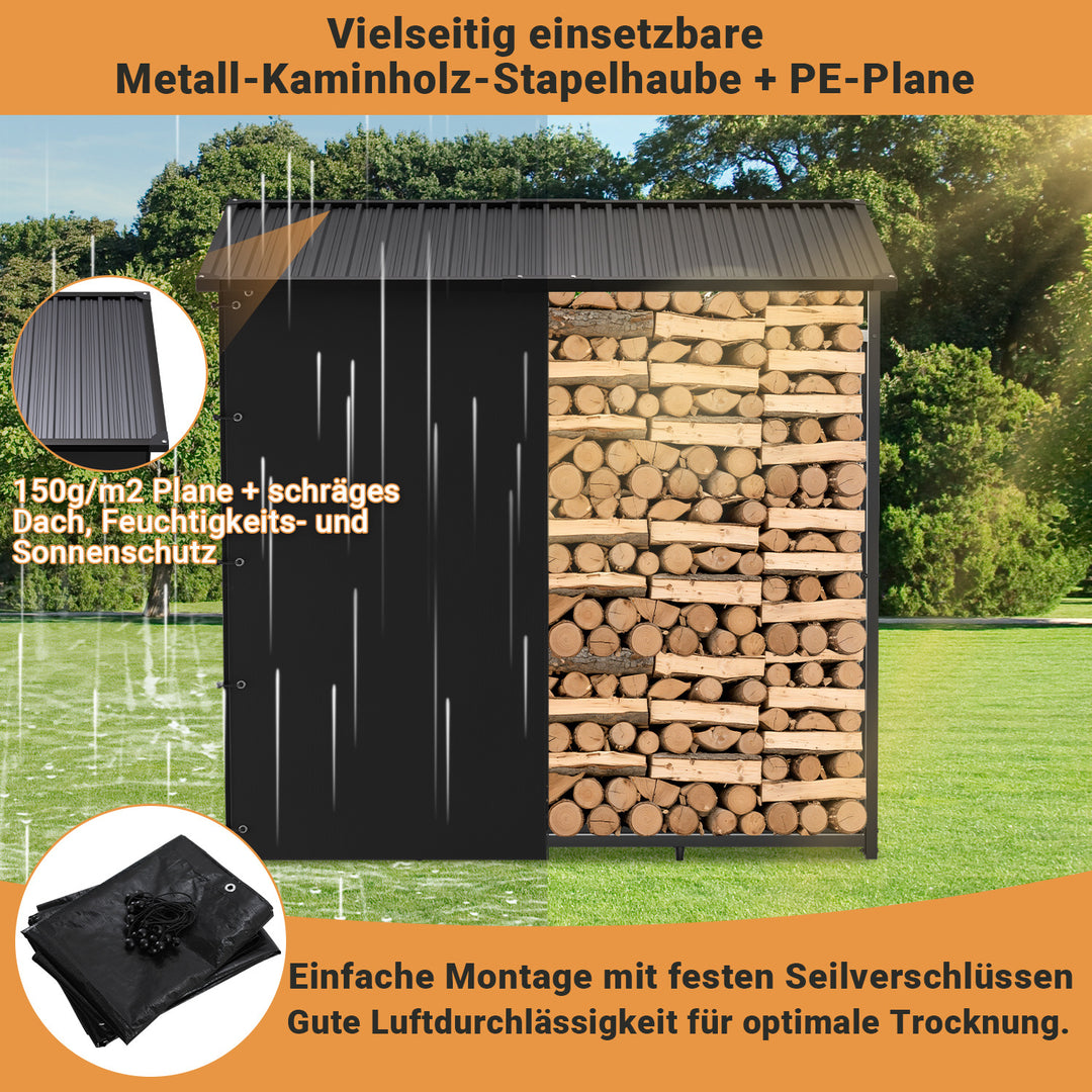 Sonnewelt Kaminholzregal Brennholzregal Metall 185x70x185cm mit Dach