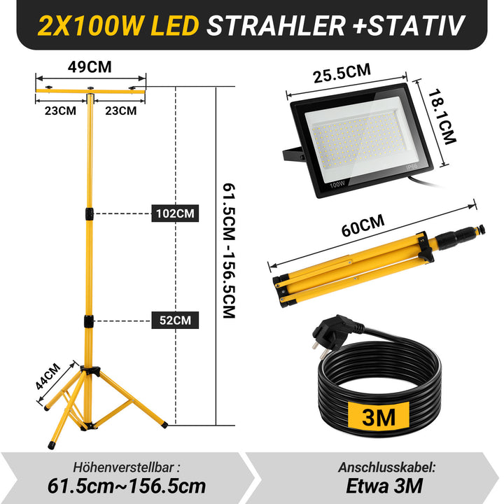 Sonnewelt LED Baustrahler 2 x 50W/100W/200W mit Stativ Einstellbar