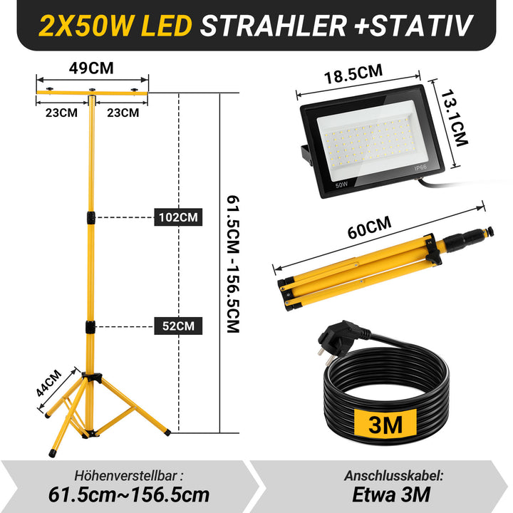 Sonnewelt LED Baustrahler 2 x 50W/100W/200W mit Stativ Einstellbar