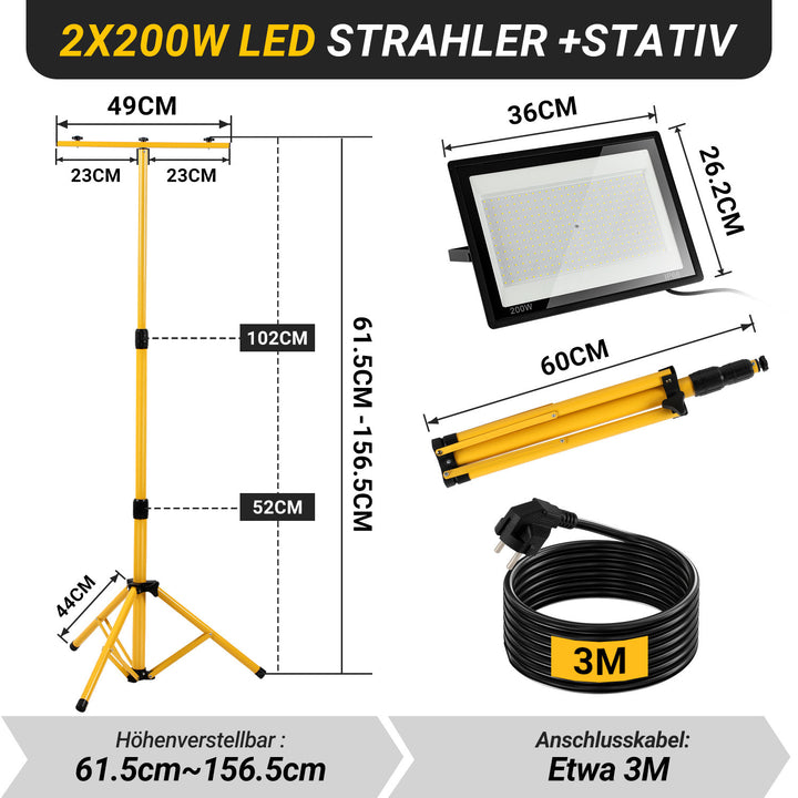Sonnewelt LED Baustrahler 2 x 50W/100W/200W mit Stativ Einstellbar