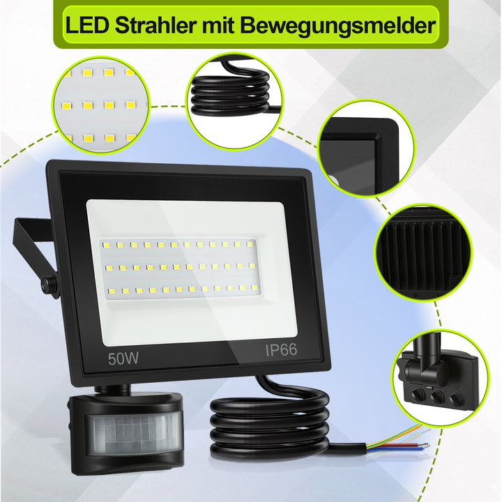Sonnewelt LED Fluter mit Bewegungsmelder Kaltweiß 10W-100W(kein Stecker)