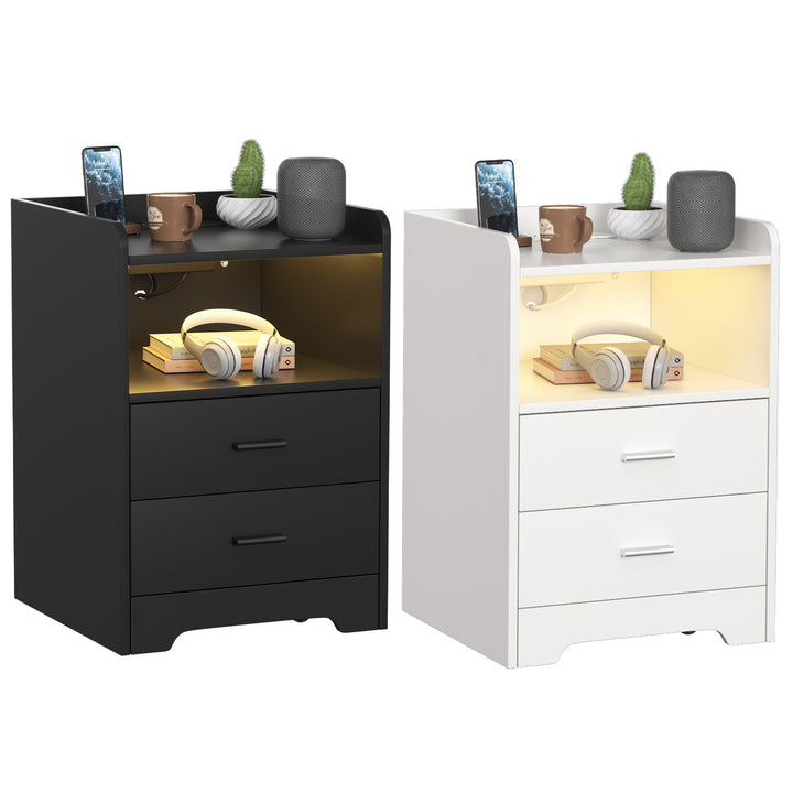 Sonnewelt Nachttische mit LED-Streifen 2 Schubladen Steckdose Weiß/Schwarz