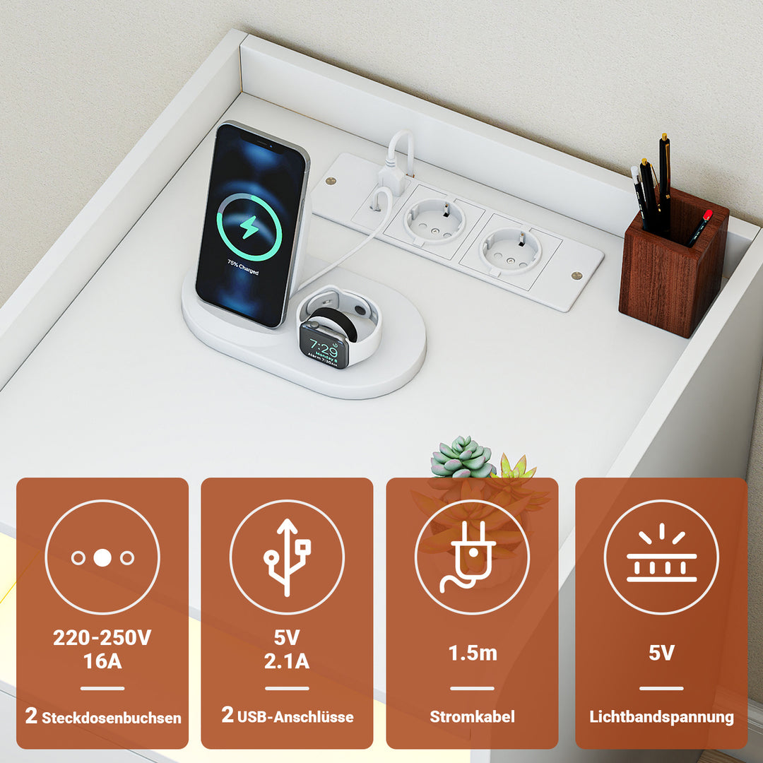 Sonnewelt Nachttische mit LED-Streifen 2 Schubladen Steckdose Weiß/Schwarz