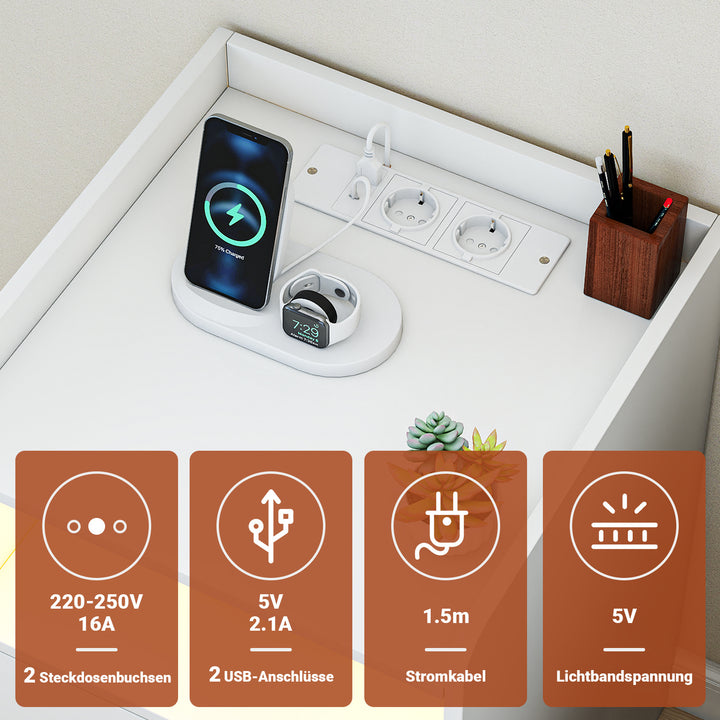 Sonnewelt Nachttische mit LED-Streifen 2 Schubladen Steckdose Weiß/Schwarz