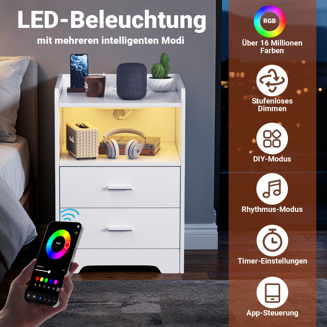 Sonnewelt Nachttische mit LED-Streifen 2 Schubladen Steckdose Weiß/Schwarz