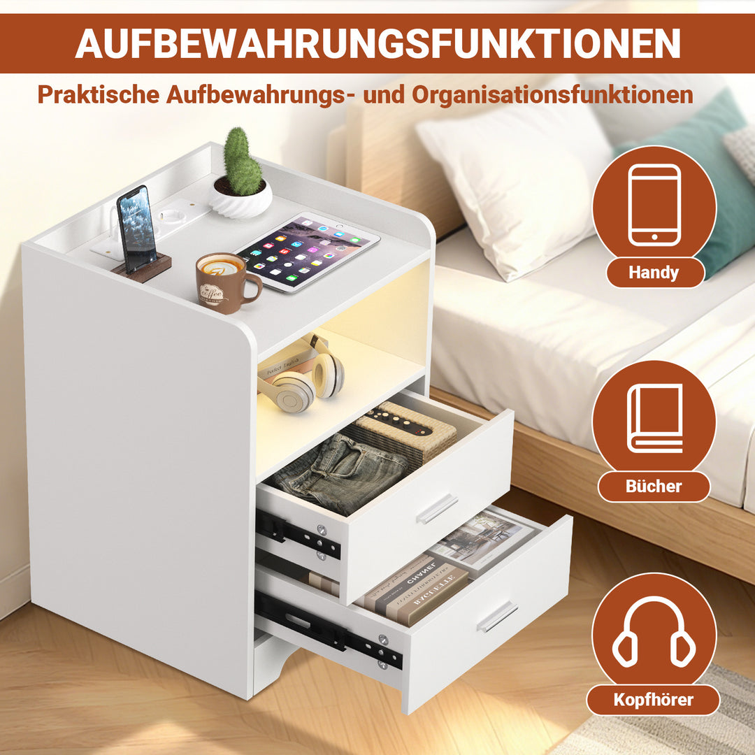 Sonnewelt Nachttische mit LED-Streifen 2 Schubladen Steckdose Weiß/Schwarz