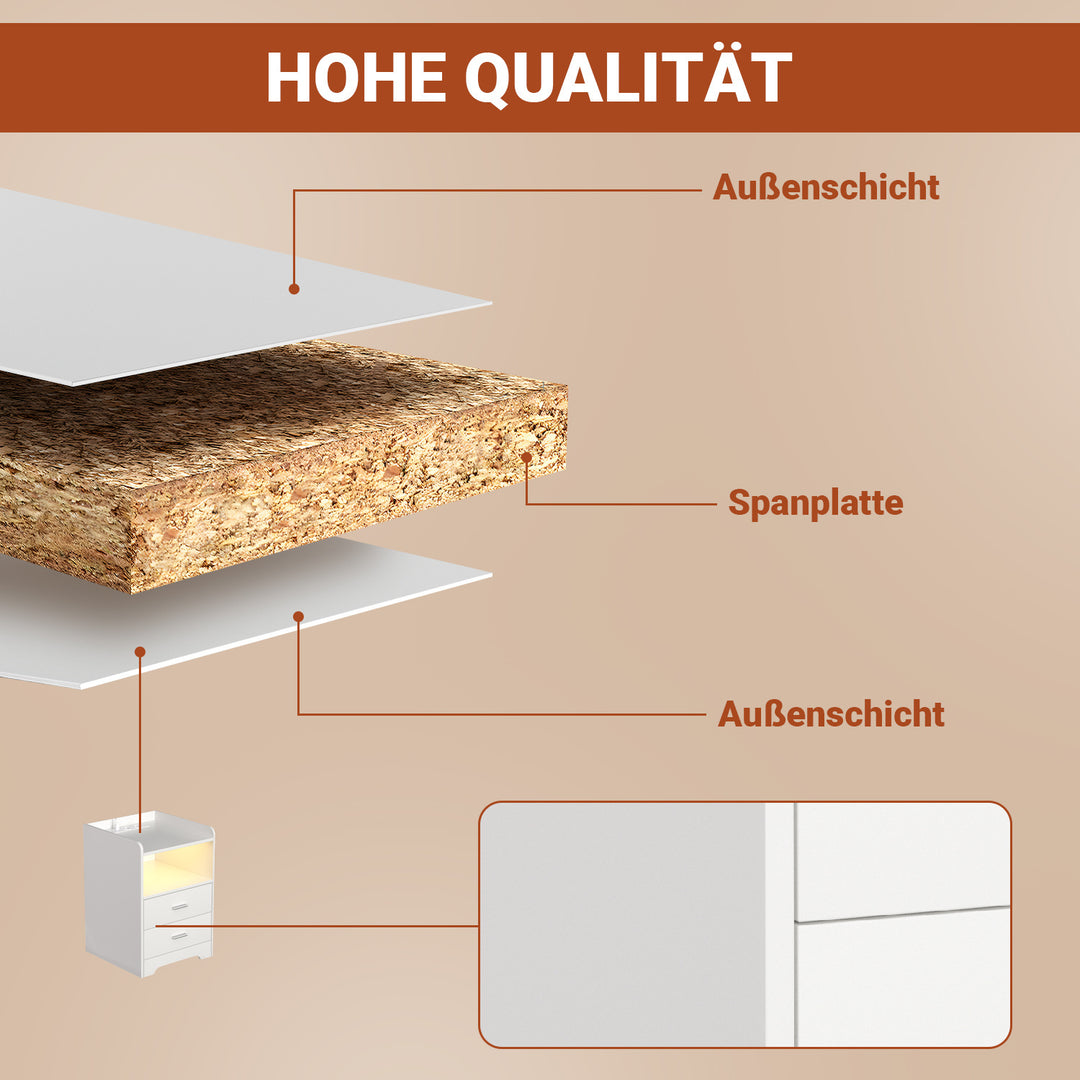 Sonnewelt Nachttische mit LED-Streifen 2 Schubladen Steckdose Weiß/Schwarz