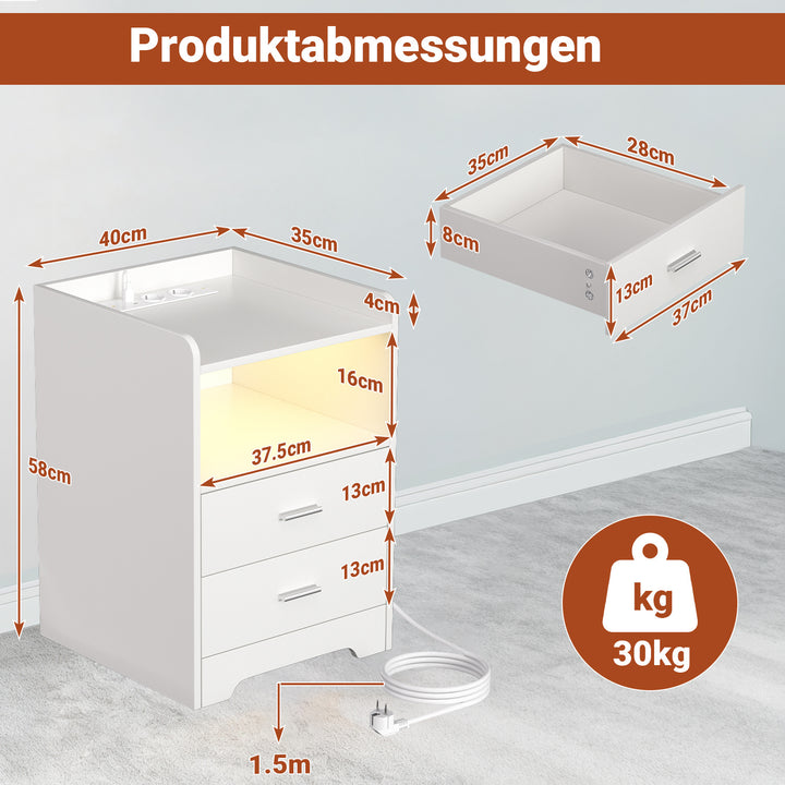 Sonnewelt Nachttische mit LED-Streifen 2 Schubladen Steckdose Weiß/Schwarz