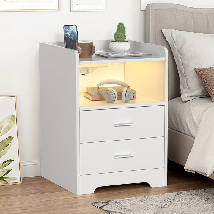 Sonnewelt Nachttische mit LED-Streifen 2 Schubladen Steckdose Weiß/Schwarz