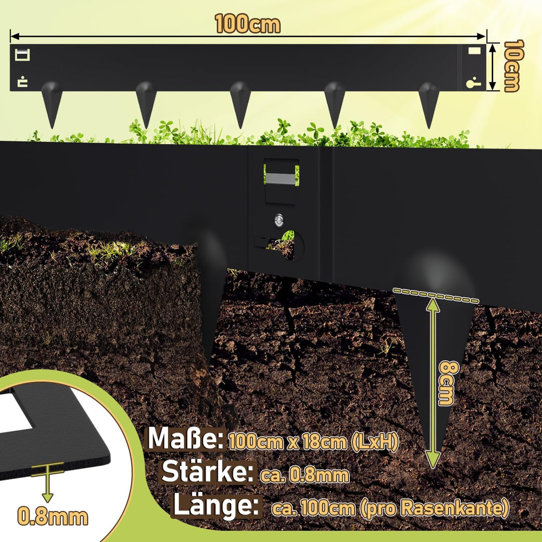 Sonnewelt Rasenkante Metall Beetumrandung mit Dornen 15cm/18cm Schwarz