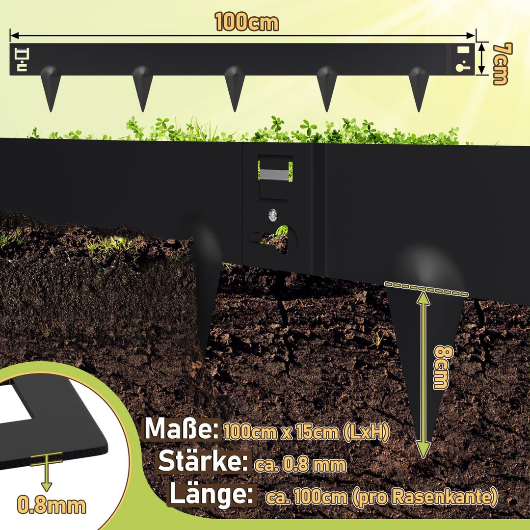 Sonnewelt Rasenkante Metall Beetumrandung mit Dornen 15cm/18cm Schwarz