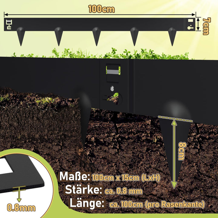 Sonnewelt Rasenkante Metall Beetumrandung mit Dornen 15cm/18cm Schwarz