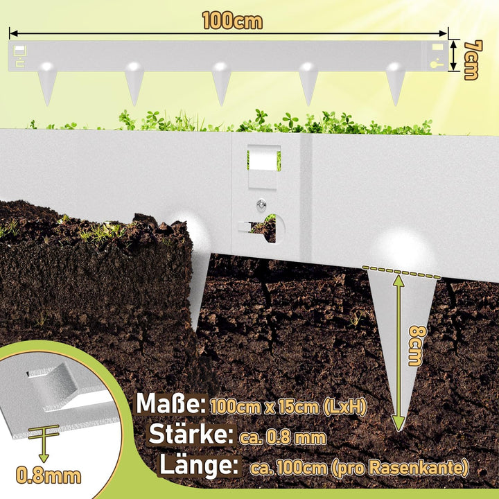 Sonnewelt Rasenkante Metall Beetumrandung mit Dornen 15cm/18cm Silber