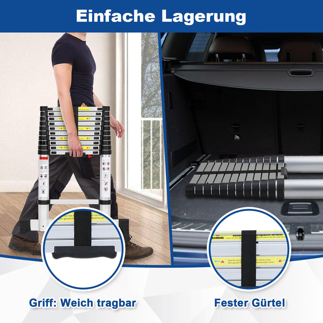 Sonnewelt Teleskopleiter Aluminium Belastbarkeit bis zu 150kg 2.6m-5m mit Stabilisator