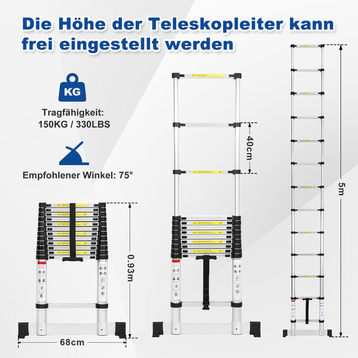 Sonnewelt Teleskopleiter Aluminium Belastbarkeit bis zu 150kg 2.6m-5m mit Stabilisator
