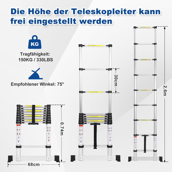 Sonnewelt Teleskopleiter Aluminium Belastbarkeit bis zu 150kg 2.6m-5m mit Stabilisator